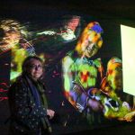 Nalini Malani in front of her work My Reality is Different, Holborn Museum, Bath, UK, 2022.