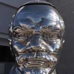 Chrome bust of Russian Communist Party leader Vladimir Lenin in West Hollywood, California. This piece is "Miss Mao tried to balance on Lenin's head" Created by Chinese artists Gao Zhen and Gao Qiang brothers. It is said to have caused an uproar at the Vancouver Sculpture Biennale in late 2009.