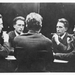 A black-and-white photograph of a man with a pipe seen five times over.