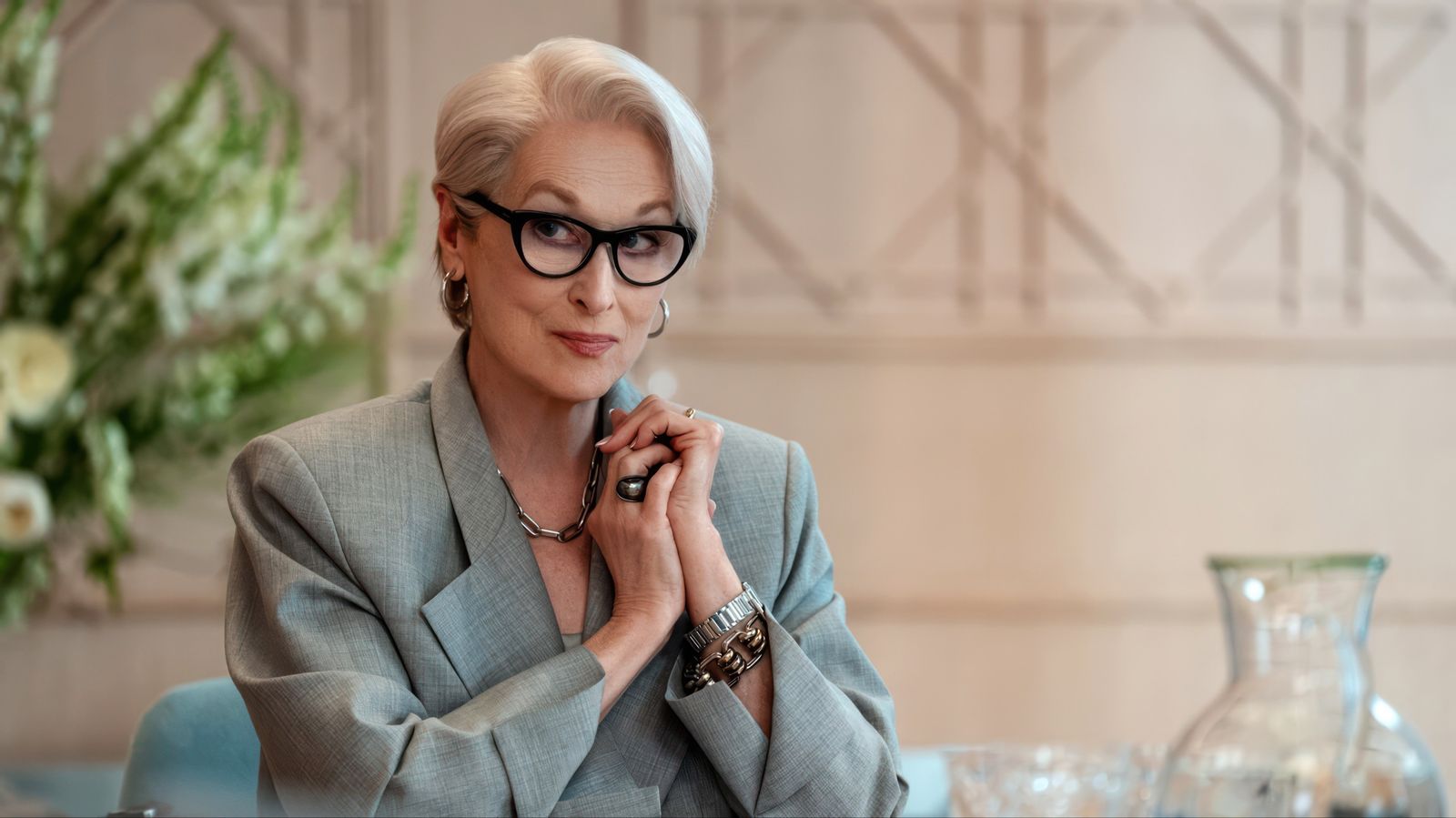Image may contain Meryl Streep Person Adult Blonde hair accessories and glasses