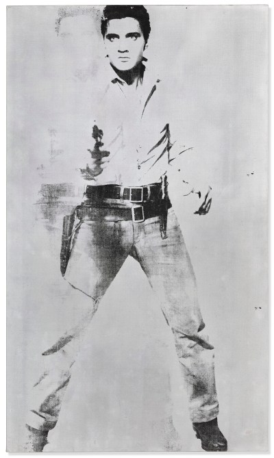 A painting of a man holding a gun two shown two times over.