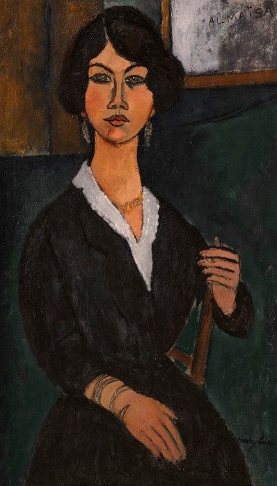 A painting of a woman seated in a chair with one hand clasped around its back.