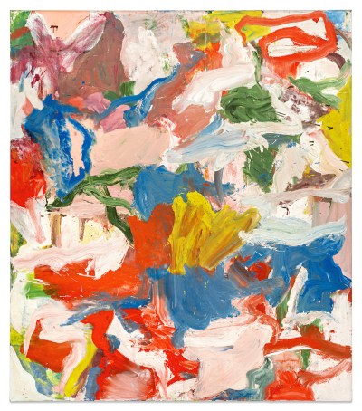 An abstract painting composed of thick, colorful squiggles.