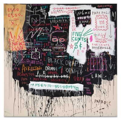 A painting of scrawled phrases over a drippy black background.