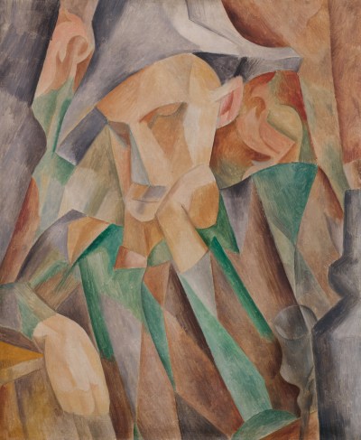 A painting of an abstracted man's face and arms. The man wears a tricorne hat.