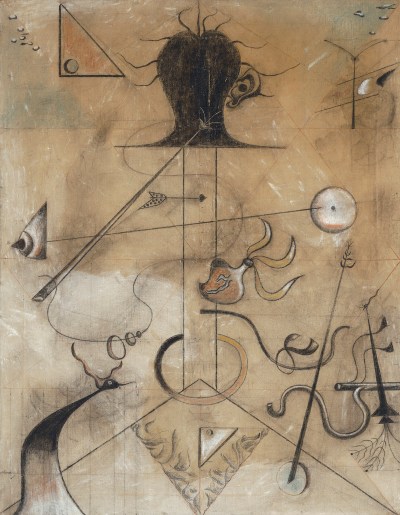 An abstract painting of a biomorphic form with tentacles coming out of it, along with many biomorphic forms beneath it.