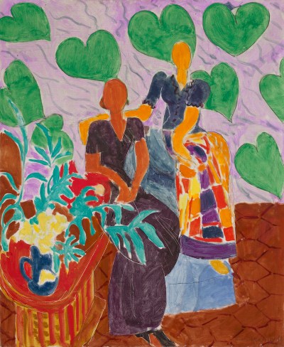 A painting of two faceless female figures seated in chairs before green heart-shaped forms.