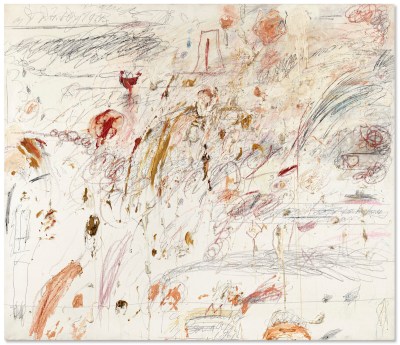 An abstract painting composed of scribbles and red blotches.