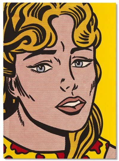 A painting shows a white woman with blonde hair with a concerned expression.