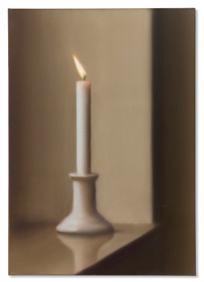 A painting of a lit candle on a table.