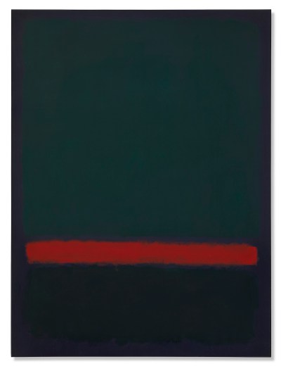 An abstract painting composed of a big green square and a darker green rectangle separated by a bright red line.