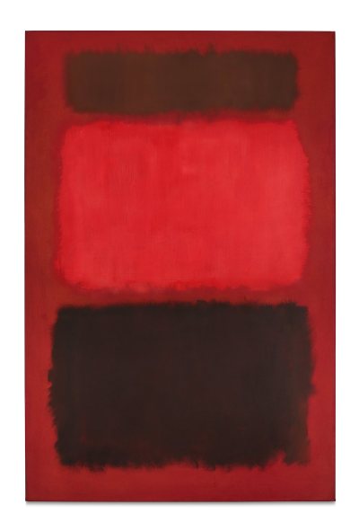An abstract painting composed of two brown rectangles sandwiching a red rectangle.