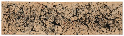 A long, horizontal abstraction composed of tangles of black paint.