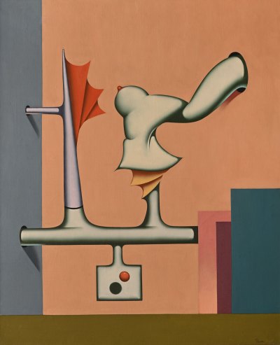 A Surrealist painting showing a limb coming out of a wall holding up a breast which sits on a strange contraption.
