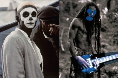 A composite image showing a man with a painted face that is white at the center with the perimeter and new black (at left); and at right a Black man with his eyes, nose, and mouth covered by blue ovals and a cut-out of a man playing a guitar at his waist.