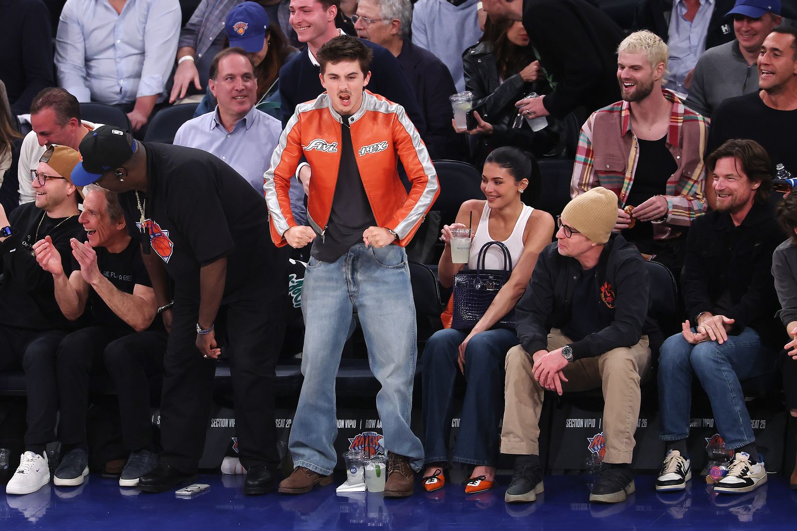 Actor Timothe Chalamet reacts during the third quarter of Game 2 of the NBA Eastern Conference second round…