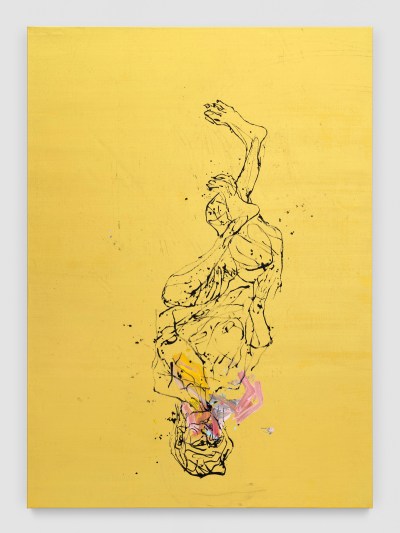 A painting of an inverted figure with a pink stain near the face. The figure is set against a golden background.