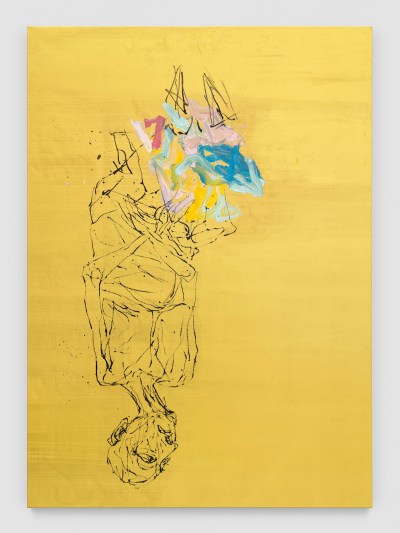 A painting of an inverted figure with blue and pink stains near its feet. The figure is set against a golden background.