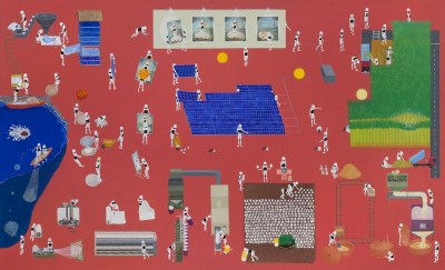 Painting of a team of robots performing various activities, including building solar panels.