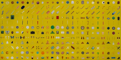 Painting of a set of different objects on a yellow background.