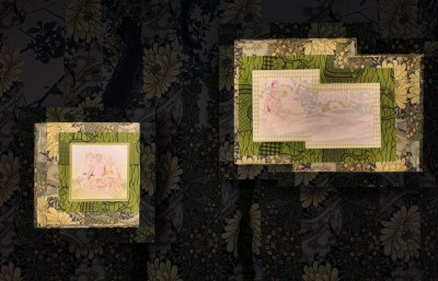 Two paintings, framed in hand-pieced pieces of green floral and plaid fabric, hang on a dark wallpaper wall covered in a dense botanical pattern of chrysanthemums and foliage. The painting on the left depicts two seated figures; on the right is a reclining figure. Both come in soft, pastel-like tones.