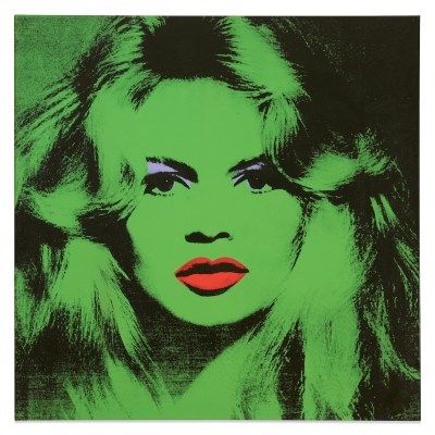 A green-toned painting of a woman with bright red lips.