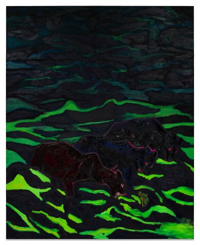 The painting depicts three barely visible jaguars in a sea of ​​green.