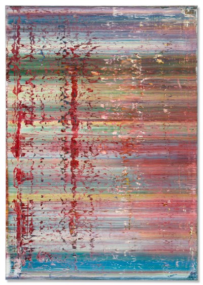 An abstract painting with paint dragged horizontally across the surface, red paint fragments on the left surface