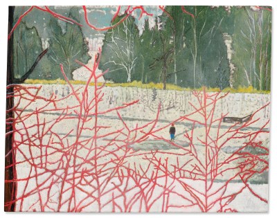 A stylized landscape painting with red branches in the foreground, a small figure in the middle distance and green trees in the background