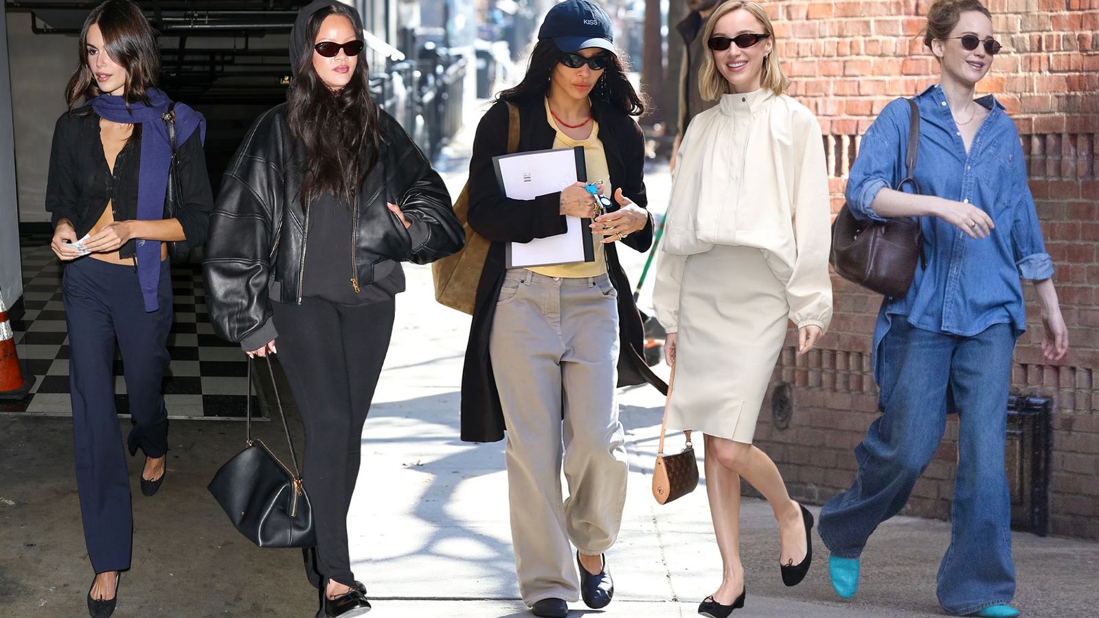 Image may contain Zoë Kravitz Rihanna clothing pants adult accessories bag handbag pedestrian and walking