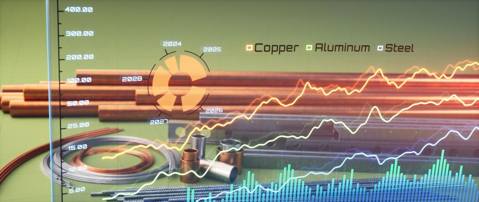 Digital screen with metal commodity price line chart in the background