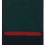 An abstract painting consisting of a large green square and a dark green rectangle separated by a bright red line.