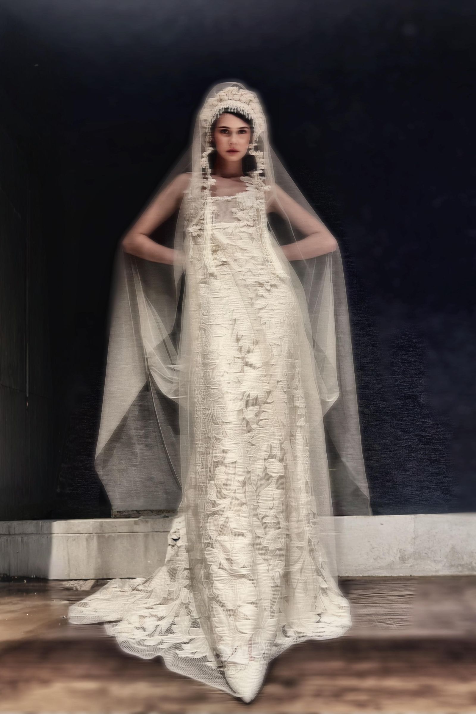 Image may contain Angelia Ong clothing, dresses, fashionable formalwear, wedding dresses, bridal veils and people