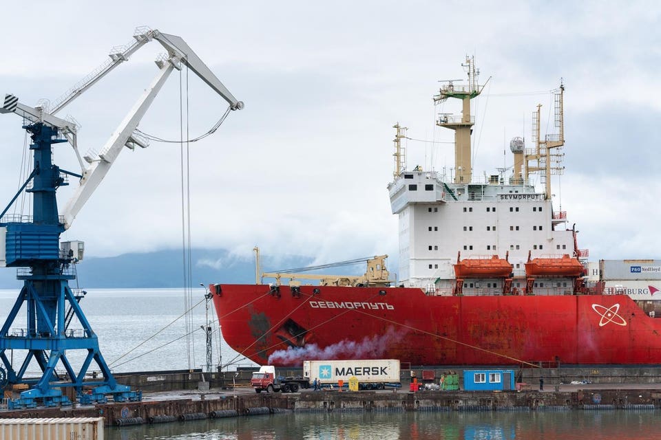 Sevmorput - nuclear container ship of the Russian company FSUE Atomflot. Container terminal commercial seaport. Northern Sea Route