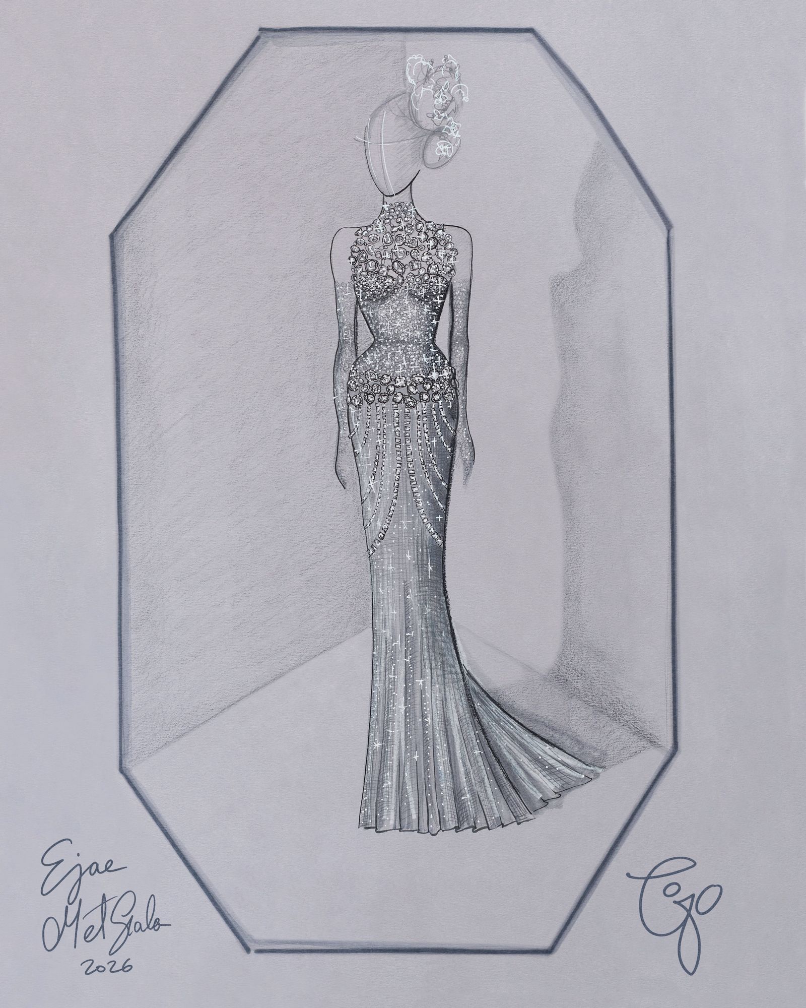Image may contain artistic clothing, gowns, formal wear, drawings, evening wear, adult and wedding