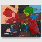 It is an abstract painting with thick brushstrokes that features bold reds, blacks, peaches, and blues. Overlapping forms suggest fragmented shapes – a green circular object sits atop a sky-blue patch in the upper right corner, while pink and red planes collide in the center and left. The lower half is dominated by dark tones, with touches of blue, chartreuse and pink. The paint surface has been heavily worked on, with noticeable delamination and scratches here and there.