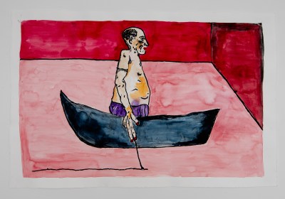 A watercolor painting of a shirtless man riding a blue boat floating in a red room.