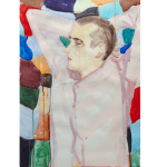 A dripping watercolor painting of a man with short hair wearing a light purple shirt.