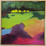 It's a landscape painting, with pinks and purples in the foreground and rolling hills and trees in the background.