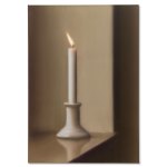 A realistic drawing of a lit candle with its flame swinging to the left.