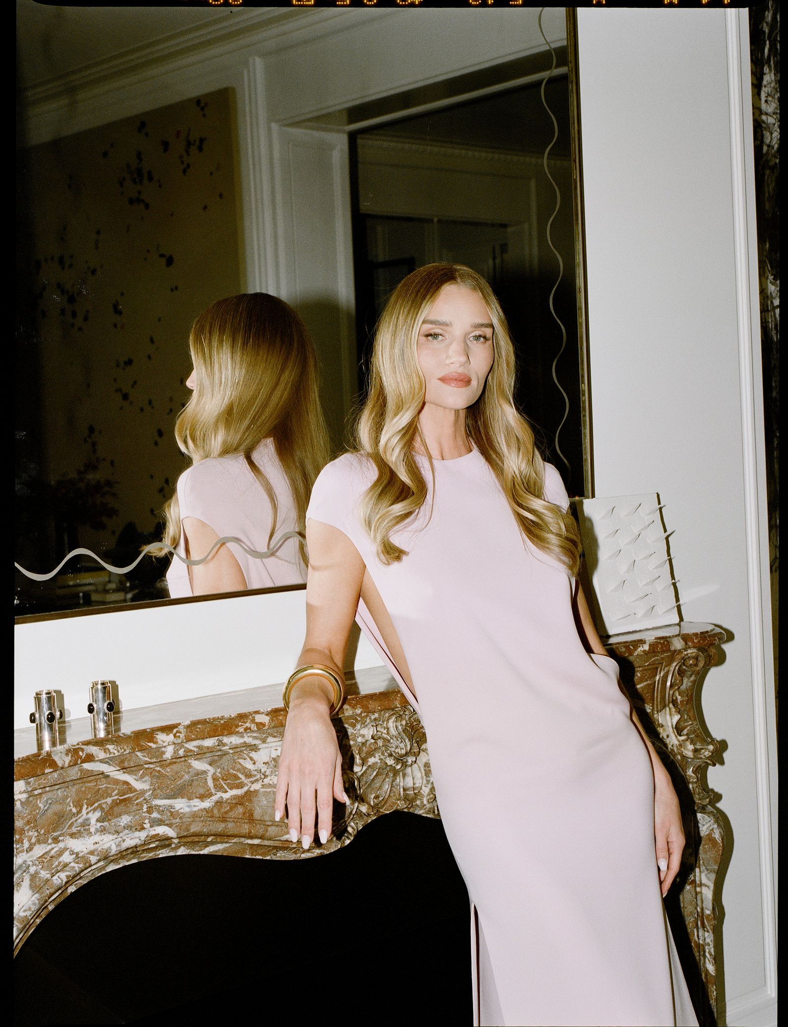 Pictures may contain Rosie HuntingtonWhiteley Kelley Abbey Adult Blonde Dressing Room Interior and Room