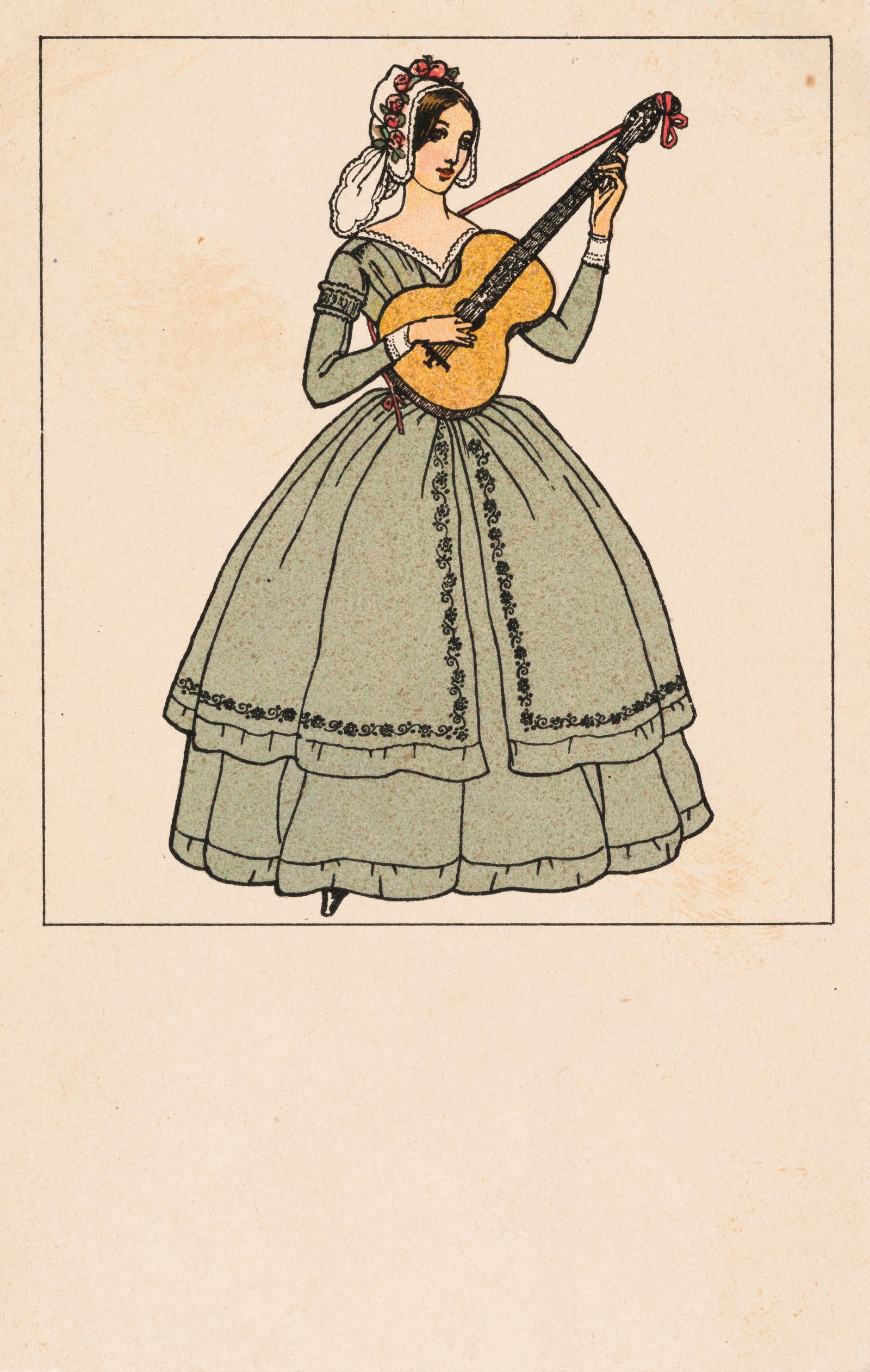Image may contain Alphonsine Rose Plessis adult, wedding outfit, dress, guitar, musical instrument and face