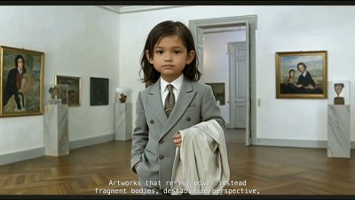 A child in a double-breasted suit holding a rain coat in an art museum. The subtitles read 'Artworks that resist power instead fragment bodies, destabilize perspective,'