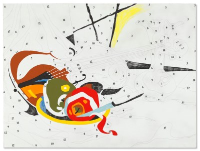 A painting of a violin next to some fruits that have only partially been painted. Numbers appear in the blank areas.