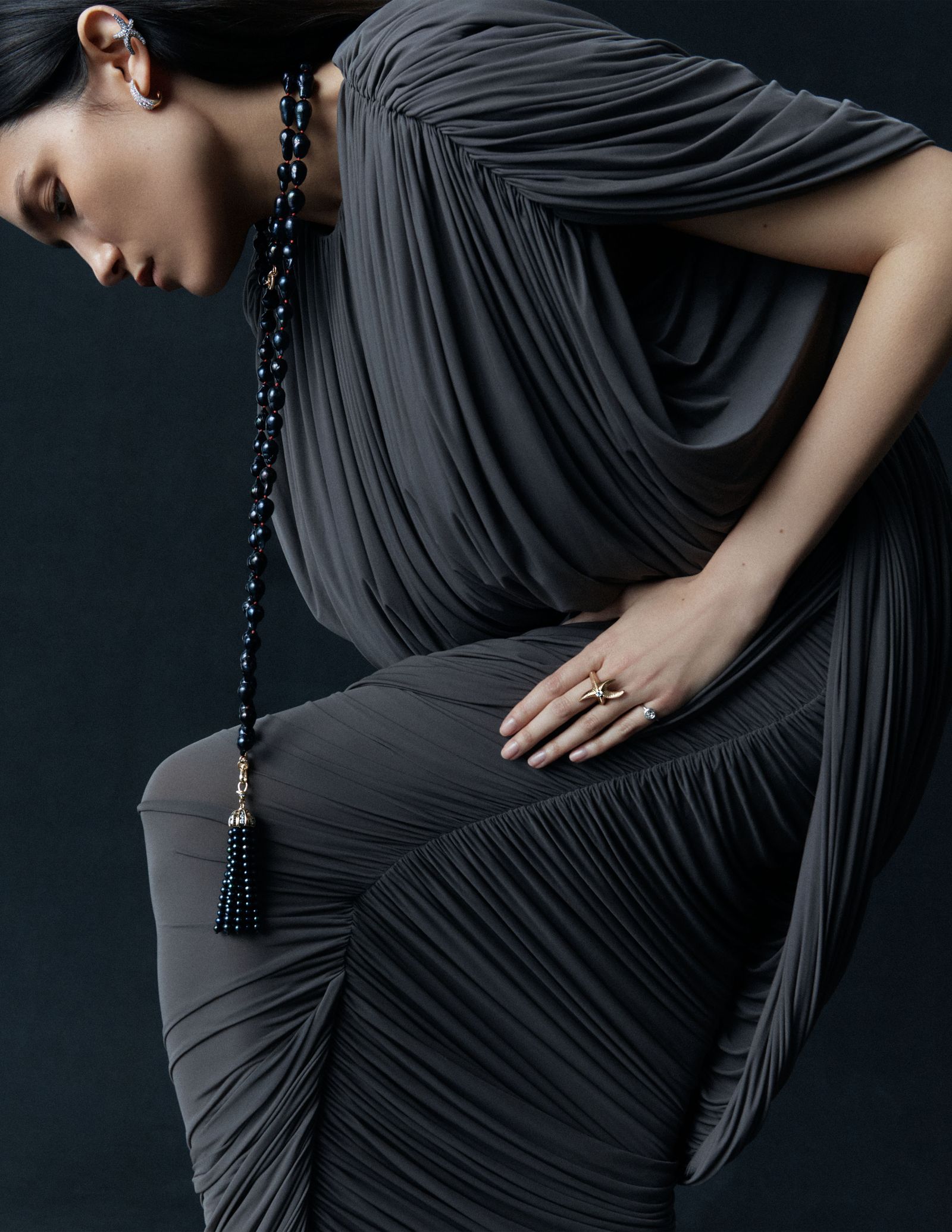 Image may contain clothing, dresses, adult, formal wear, sleeves, accessories, jewelry, necklaces and evening gowns